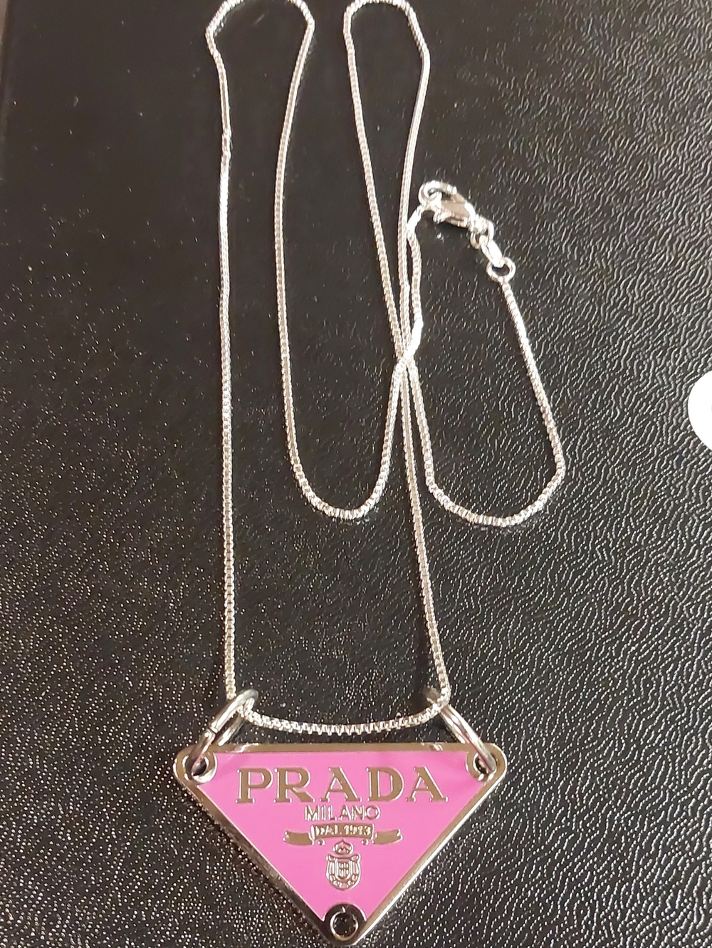 Prada Pink Enamel Triangle Logo Charm Pendant Necklace 925 SS - Picture 2 of 3